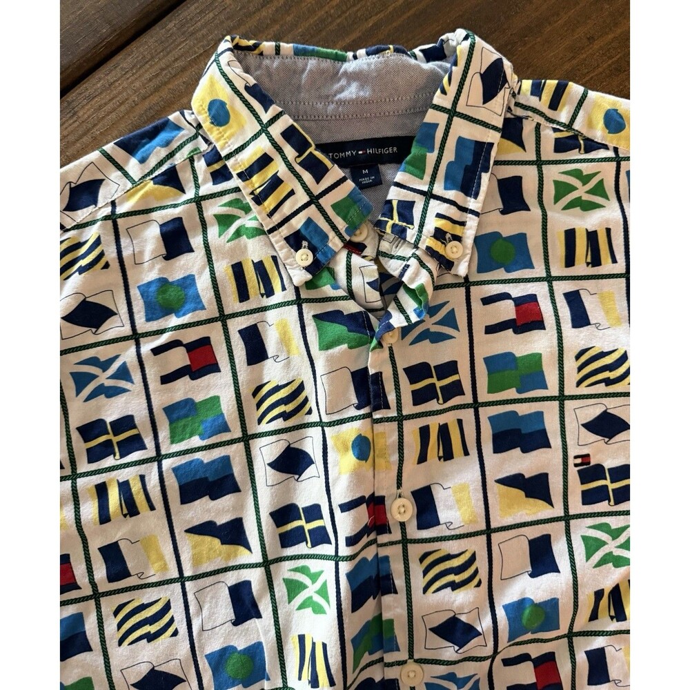 Tommy Hilfiger Shirt Men Medium Multicolor Flags Short Sleeve Button Down Cotton